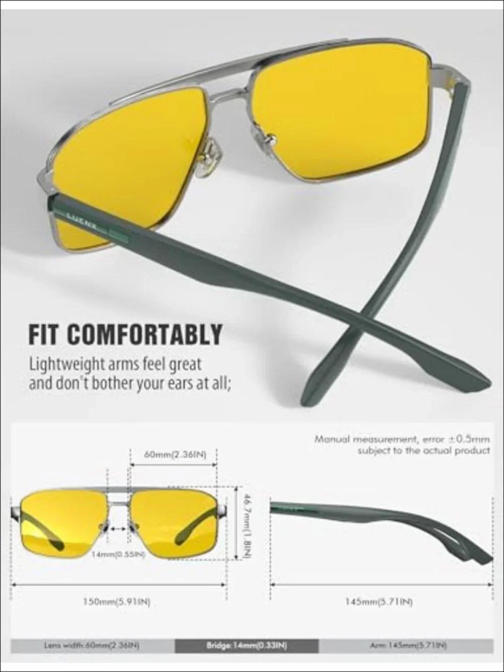 Polarized Square Aviator Sunglasses UV400 Anti-Glare Night Driving